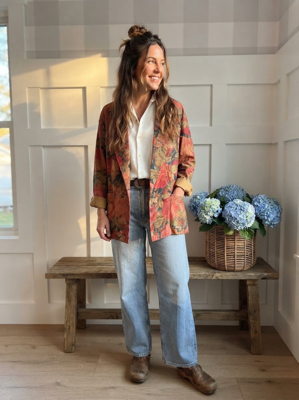 Rust Floral Open Blazer Jacket with Botanical Print